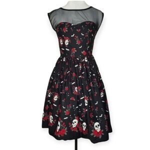 Hell Bunny Roses Skulls and Bats Halloween Style Midi Dress Women's‎ Size Medium